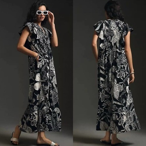 Anthropologie Maeve Cassandra Maxi Dress Ruffle Cotton Flounce Size Small NEW