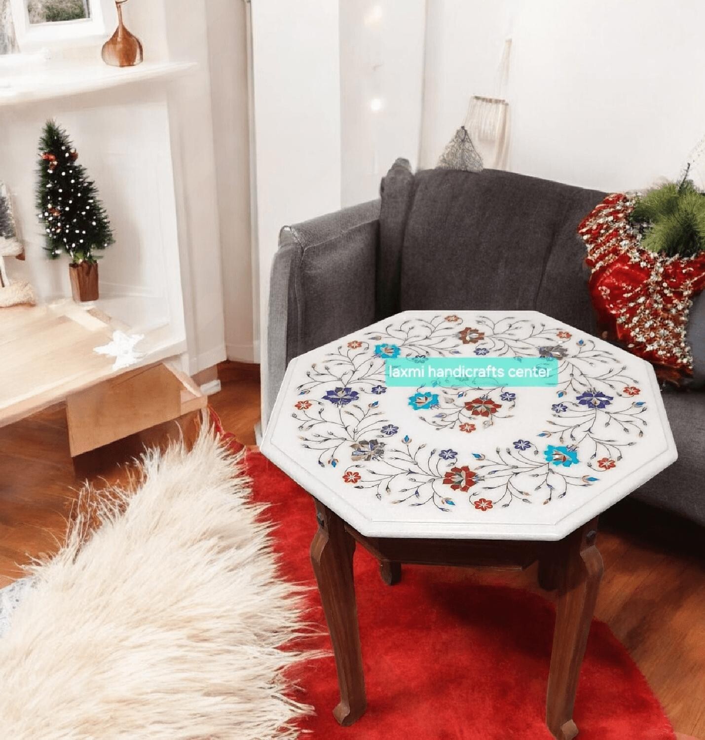 24-Inch Elegant Marble Inlay Tabletop with Floral Christmas Decor Design  