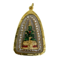 Thai Emerald Buddha Green Phra Kaeo Morakot Amulet Pendant Gold Plated Frame #7