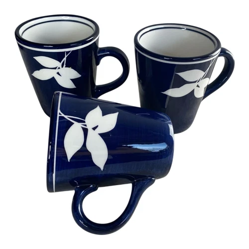 Dansk Sureau Coffee Tea Mugs Cups Set of 3 Handpainted  White Leaves Cobalt Blue