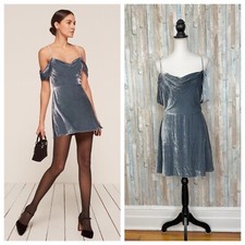 Reformation 8 Velvet Off The Shoulder Cowl Neck Lorraine Mini Dress Gray Rain