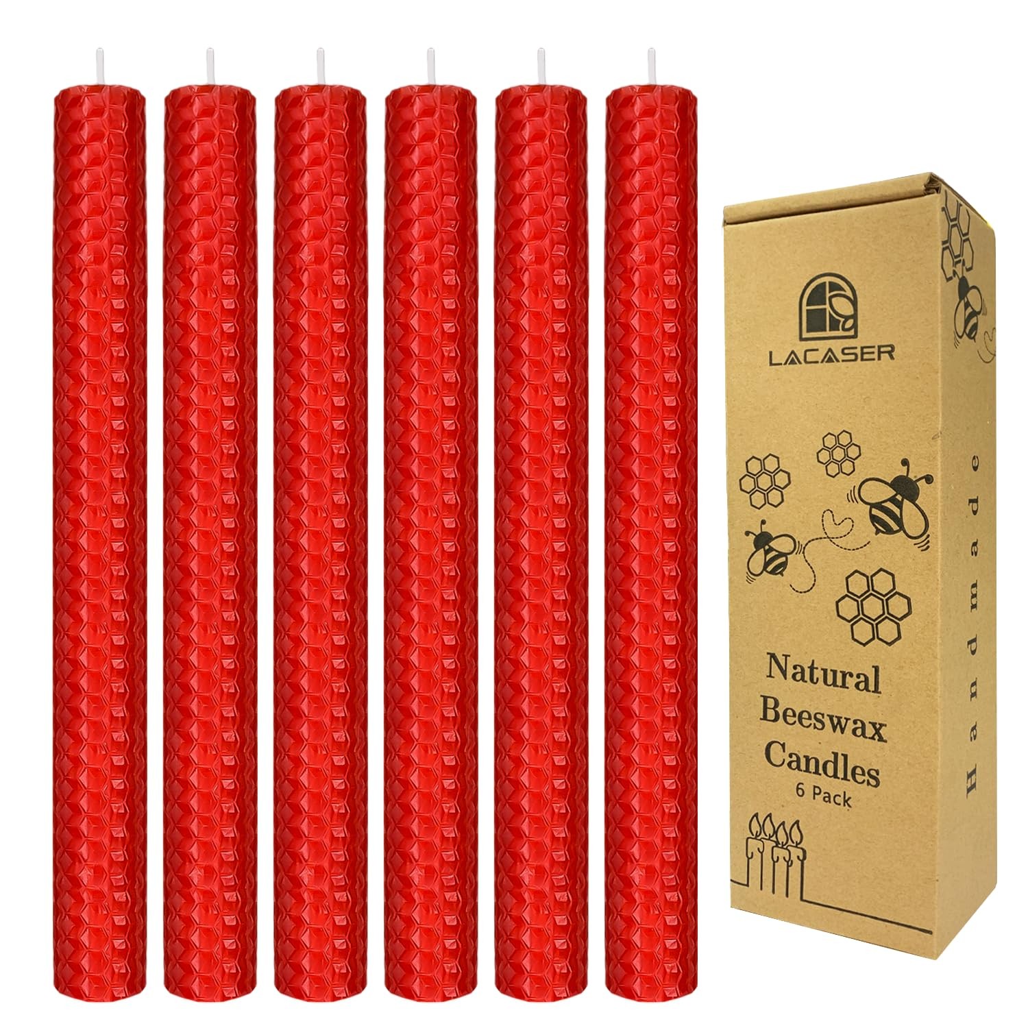 6 Pack, Red Beeswax Candlesticks, 9" Long Candles For C...