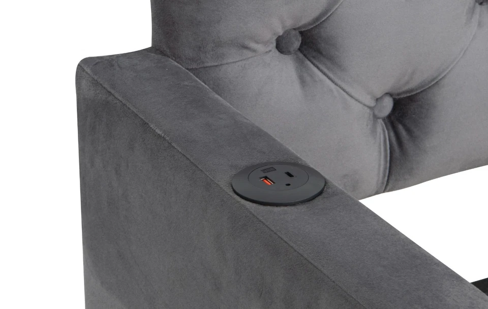 Cama de dia estofada de veludo tamanho duplo com rodízio e design de carregamento USB - Imagem 2 de 4