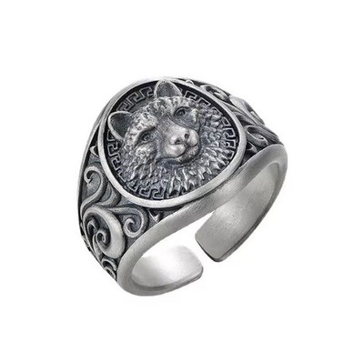 Ring,  Wolfskopf Gravur   Verstellbarer Herrenring 57-70 Sterling Silber 925 