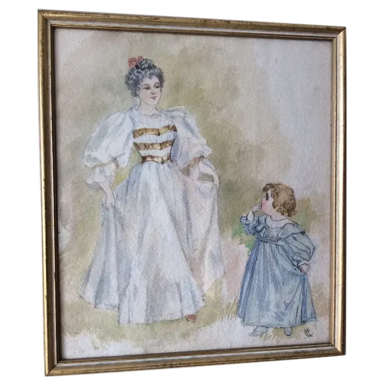 Lovely Vintage Watercolor Painting, Mother & Child Dancing, Signed