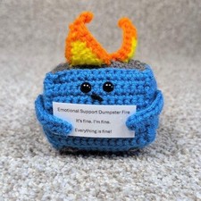 Blue Emotional Support Dumpster Fire Crochet Plush Toy Funny Gift Desk Decor