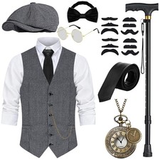 1920s Fancy Dress Mens Waistcoat with Accessories, Folding Crutch Pocket Watch Ba...