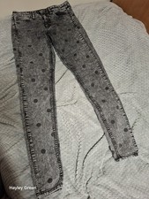 Women's Acid-wash Grey Skinny Jeans Featuring A Black Polka Dot Print. Size 12