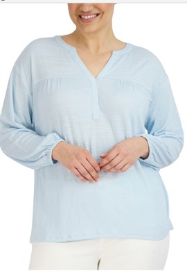 Jones New York Plus Size Split-Neck High-Low Top - Powder Blue 2X
