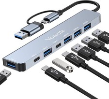 USB C Hub, 7 in 1 USB Hub Multiport Adapter with 2*USB Type C Data Ports, USB 3