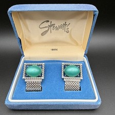 Vintage Swank Green Cabochon Cufflinks Silver Tone Mesh Wrap Back Mid Century