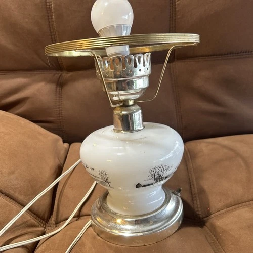 Vintage Currier and Ives Milk Glass Lamp Horses Barn Farm Black and White