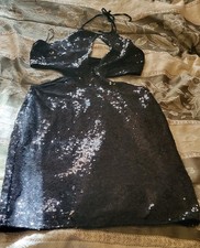 Fashion Nova Juniors 1 Piece Peek a boo Dress XL Black Sequin Spagetti tie Neck