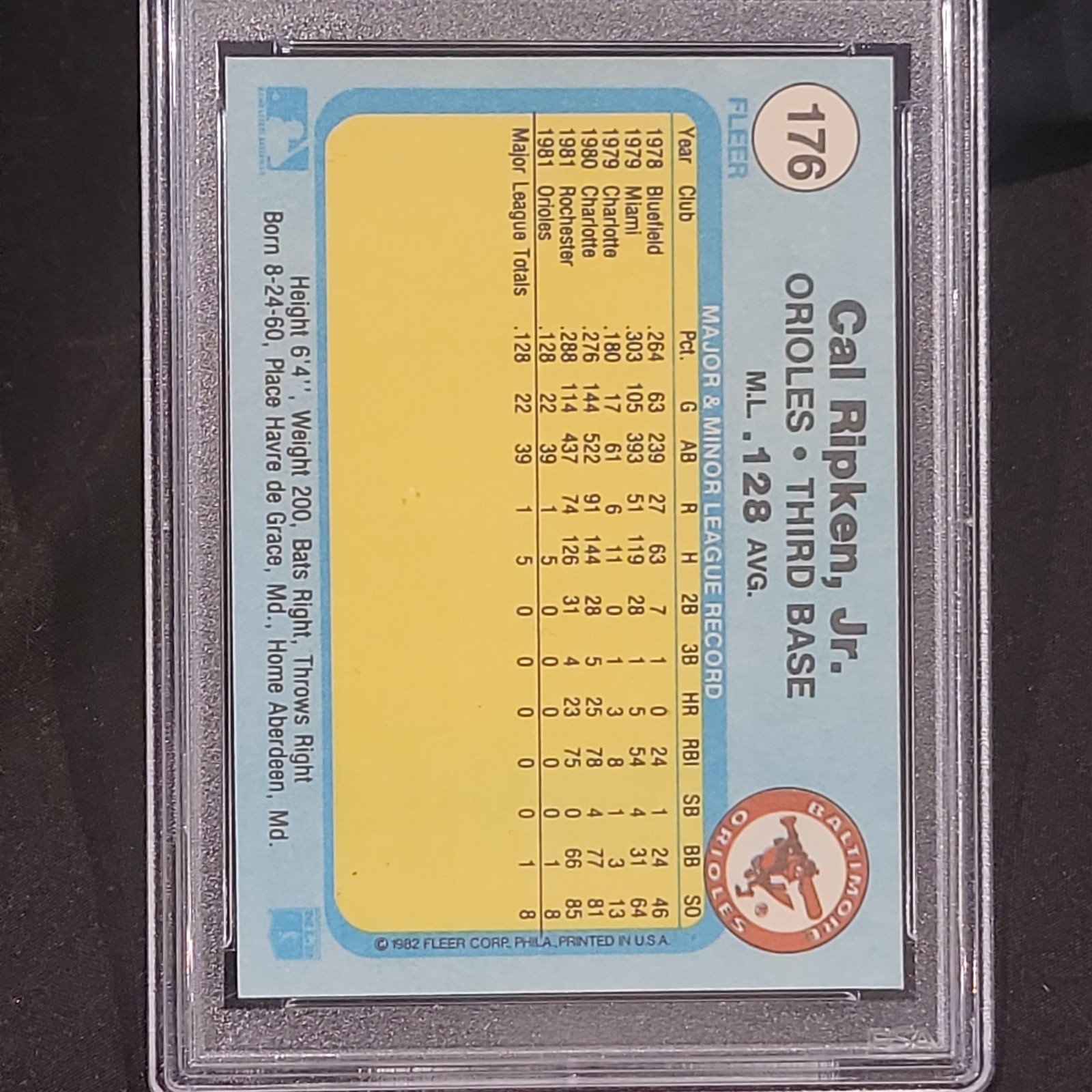 1982 Fleer Cal Ripken Jr RC Rookie PSA 8 #176 Baltimore HOF 2632 Games Iron Man view 4