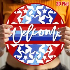 July 4th Welcome Patriotic Red White Tin Metal Signs Home D cor 8x8