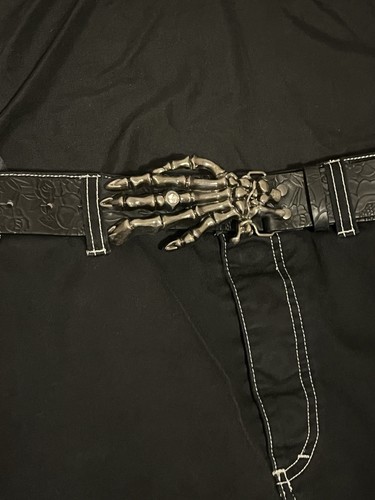 Black Men's Belt Skeleton Hand Buckle Embossed Gothic Skull Novelty Adjustable