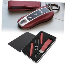 3-Piece Leather Key Fob Shell and Keychain Set Compatible with Porsche MK2 Red