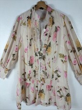 Beulah Style Ruffled Beige Yellow And Pink Long Sleeves Floral Midi Dress M