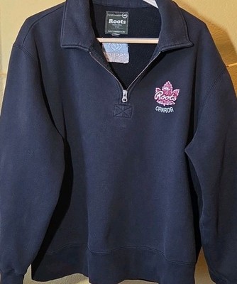Roots Canada 1/4 Zip Pullover Black Cotton-blend Sweatshirt.  Size L