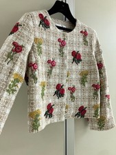 OSCAR DE LA RENTA Tweed Jacket Beige Floral Embroidered Size 10 Used