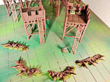 Wargame Terrain Guard Towers (2) with Barricades (4) 25mm, 28mm 32mm Painted