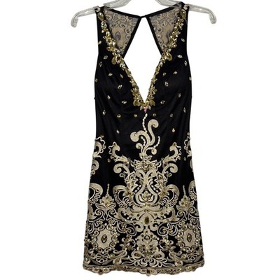 JVN by Jovani Black Gold Embellished Crystal Mini Cocktail Dress Sze 4 Open Back