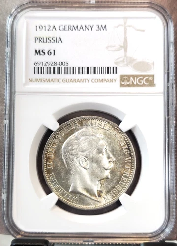 1912 GERMANY SILVER 3 MARK PRUSSIA WILHELM II NGC MS 61 NICE LUSTER