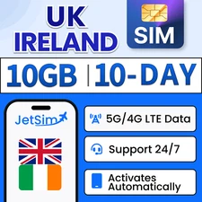 JetSIM UK Travel Card SIM Card / Ireland SIM Card 10GB High-Speed Data (10 Days)