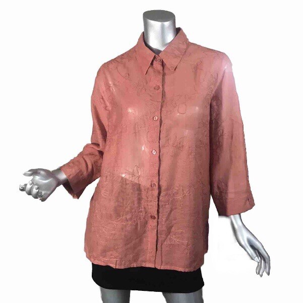 Alfred Dunner Large Button Front Embroidered Blouse Coral Orange 3/4 Sleeves