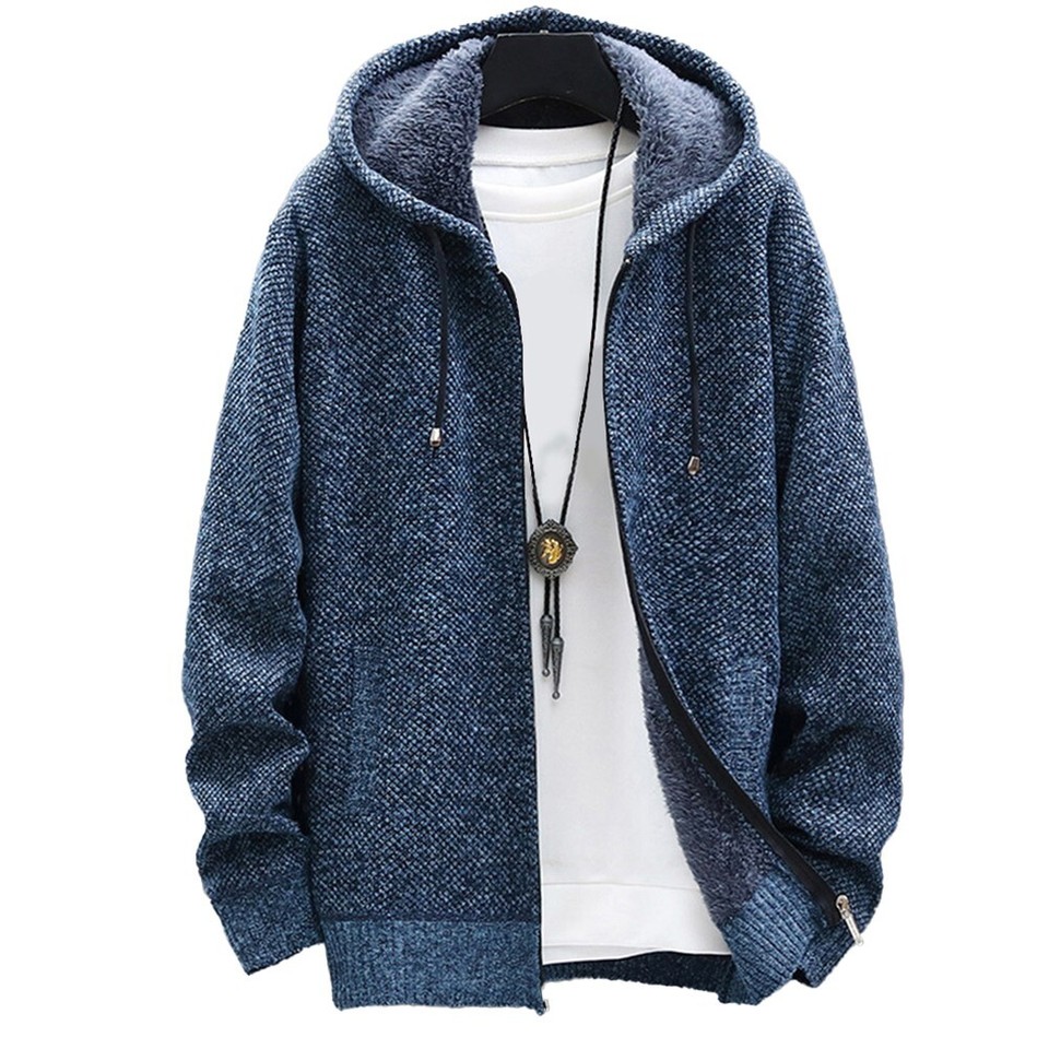Men's Winter Warm Hooded Knitted Sweater Cardigan Fleece Lined Zip Up