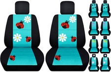 Front car seat covers black/turquoise blue w/ladybug,butterfly fits VW Beetle