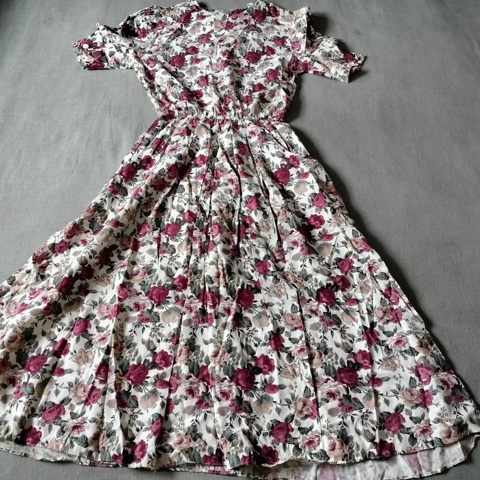 Vestido Largo Vintage Años 80 Dana Rosa Floral Manga Abullonada 6 S Bolsillos Cottagecore Foto 2 de 4