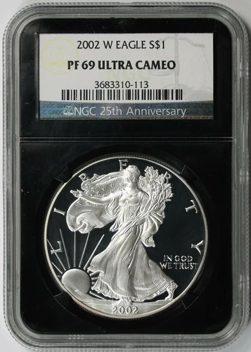 2002-W Silver Eagle Proof PF 69 Ultra Cameo $1 NGC Black Retro Slab 25TH Ann