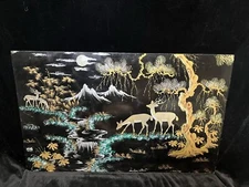 Vietnamese Folk Art 19.75” x 31.5” Gold Black Lacquer Painting on Board
