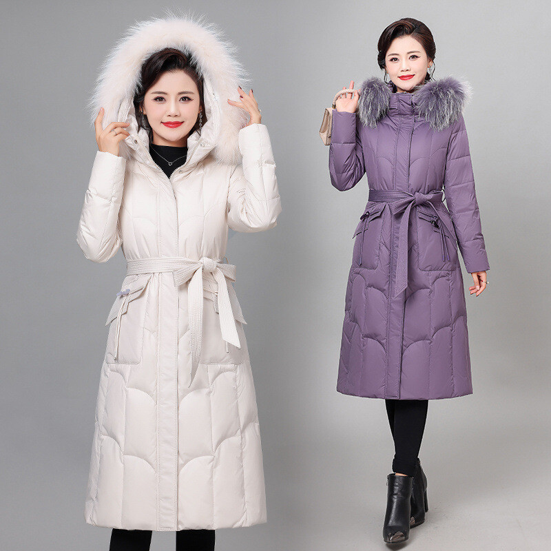 Raccoon Fur Collar Hooded Mid Long Down Jacket Women's Thickened