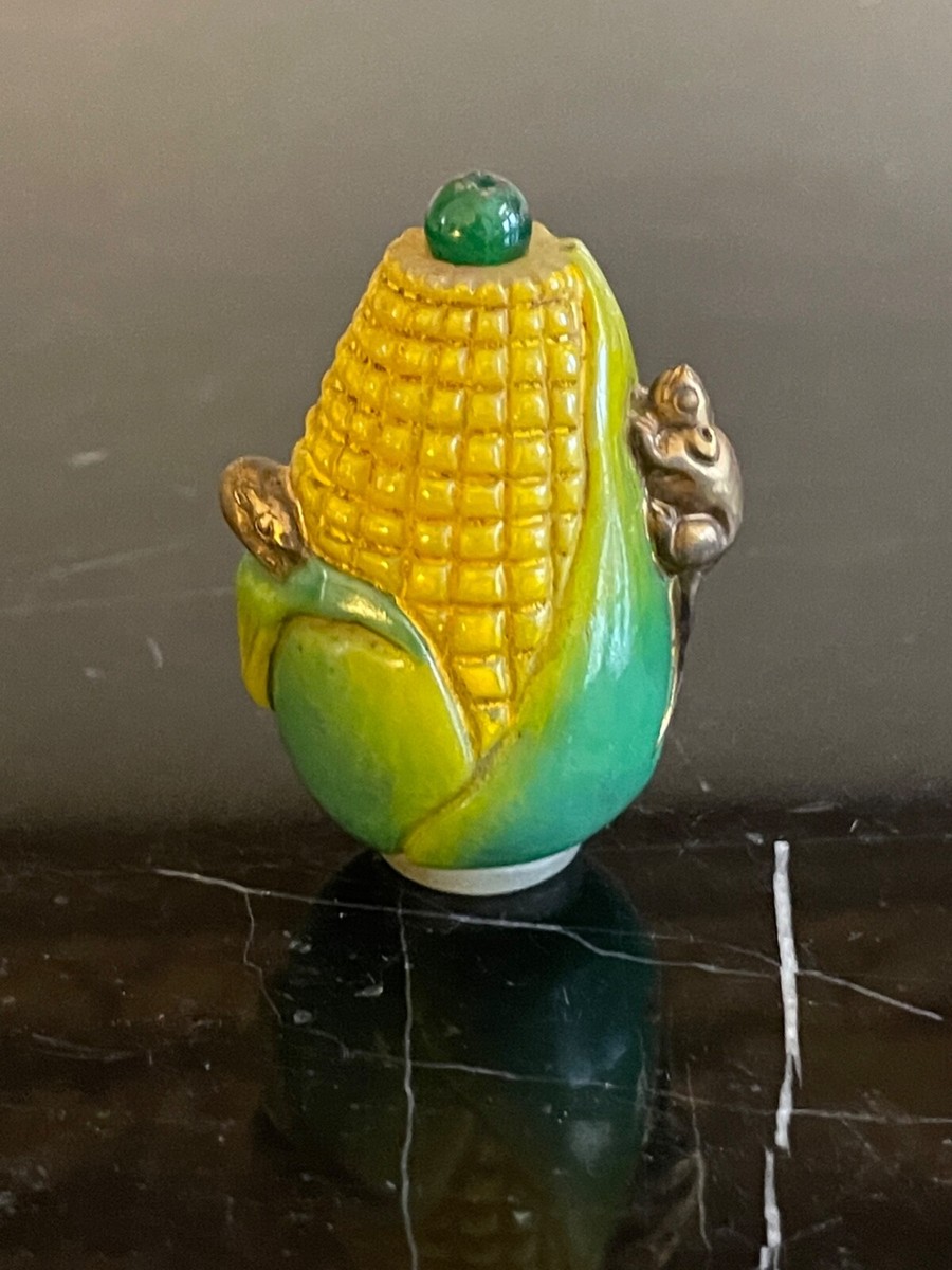 Vintage Chinese Glass Corn Cob Bottle with Applied Mouse on Two