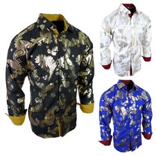 Mens Shirt Designer Paisley Floral Shiny Gold Foil Print Button Up Silky Stretch