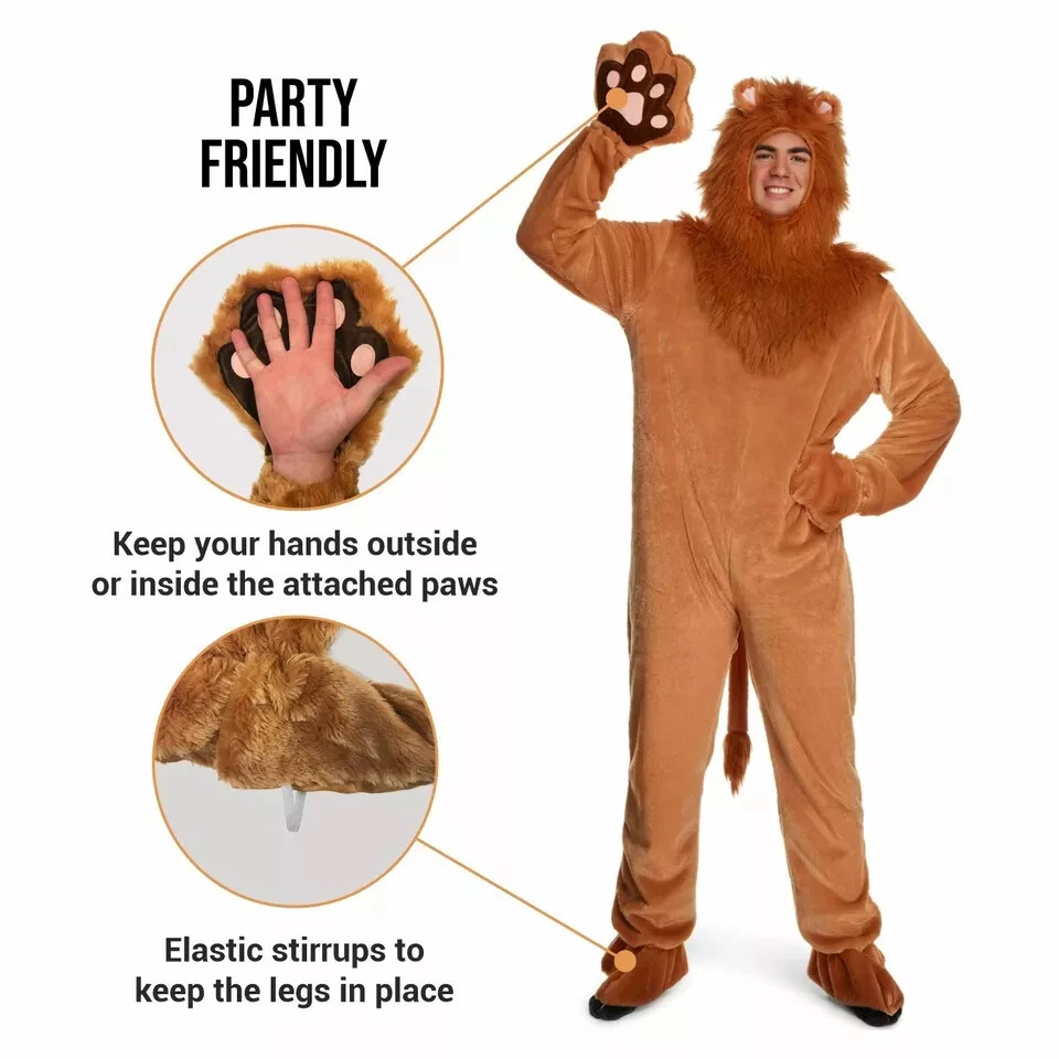 Men`s Lion Jumpsuit Costume Adult Animal King Bodysuit Halloween M - XL - Image 3 of 4