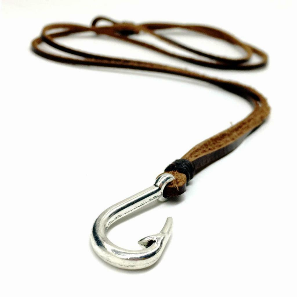 GENUINE LEATHER BRACELET w Metal Fish Hook Fastener Brown Rope NEW Mens