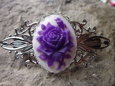 PURPLE ROSE ON WHITE CAMEO SILVER FILIGREE BARRETTE - BRIDAL- WEDDING - MOURNING