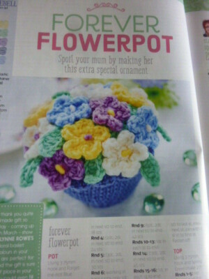 Pattern To Crochet Lovely Pot Of Flowers In  D.K- 4ins Tall, Pot Base 2ins
