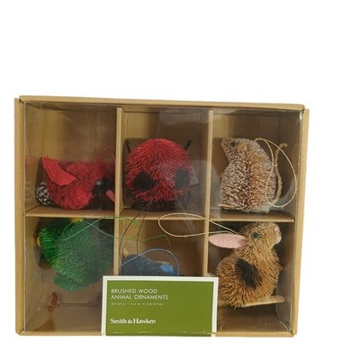 Smith & Hawken Brushed Wood Bristle Animal Ornaments 6pc Set Frog Bird Ladybug