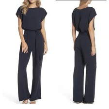 Eliza J Navy Wide-Leg Belted Jumpsuit Size 2 100% Polyester