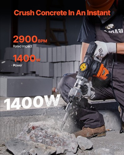 VEVOR Marteau Piqueur Perforateur Burineur Démolition 1400 W 2 Burins 2900 BPM - Photo 2/12