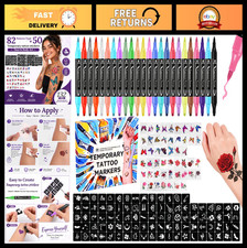 24-Count Washable Temporary Skin Tattoo Markers 50 Stickers 82 Stencils - No