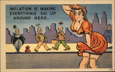 Risque pretty woman upskirt comic breasts city skyline 1940s linen unused PC