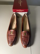 Mocasines Salvatore Ferragamo Mignon Cuero Lagarto Tostado Óxido Talla 9.5AA Minimalista
