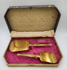 VTG Mirror Hairbrush Comb Handler FLORAL DESIGN Vanity Antq RARE Goldtoned