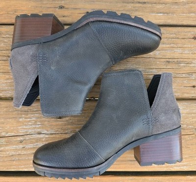 SOREL Cate Cutout Leather Suede Block Heel Gray Ankle Boots 7 Heritage Boho