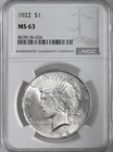 1922-P  $1 PEACE SILVER DOLLAR   NGC MS63 #8678136-027 - TONING SPOTS REVERSE